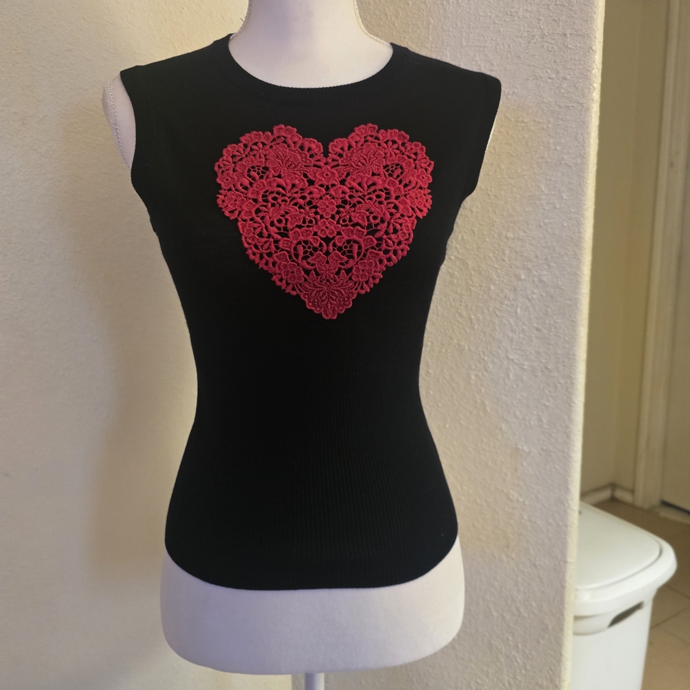 Dolce & Gabbana Black Tank Top with Red Heart Lace